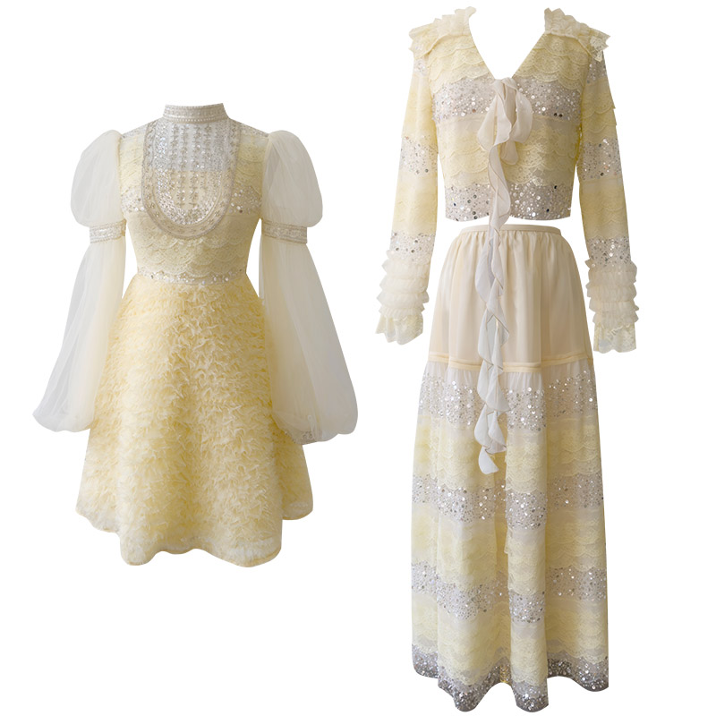 Light Luxury 3-Piece Set: Three-Dimensional Embroidery Mesh Sequin Cardigan, Half Skirt & Dress71433+51352+69435