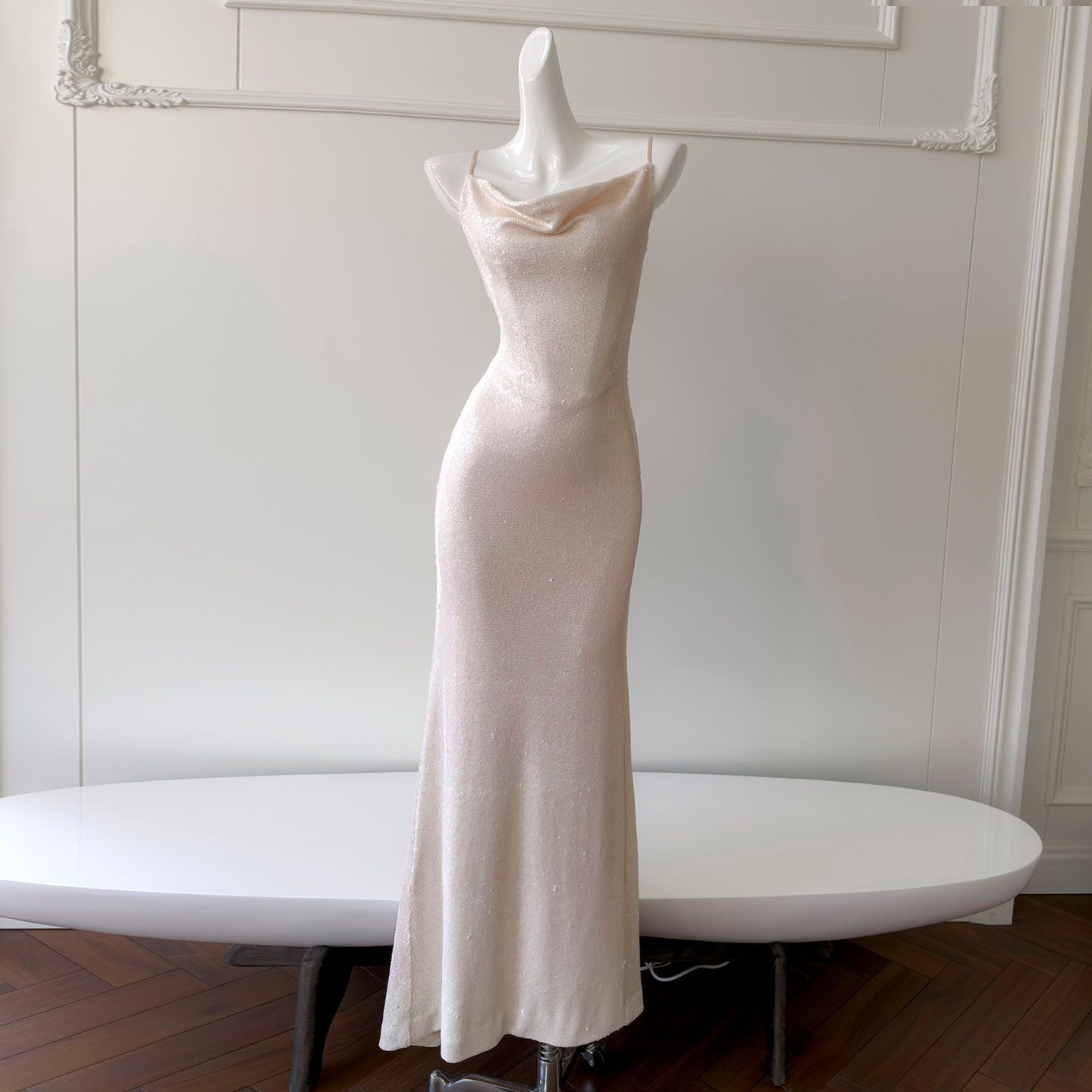 French Elegant High-Grade Shiny Draped Neck Spaghetti Strap Dress for Women, Slim Fit Bodycon Evening Party Dress69560