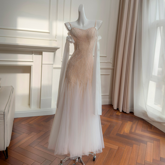 French Celebrity Style Luxury Evening Dress, One-Shoulder Fishtail Beaded Long Gown for Hostess69470