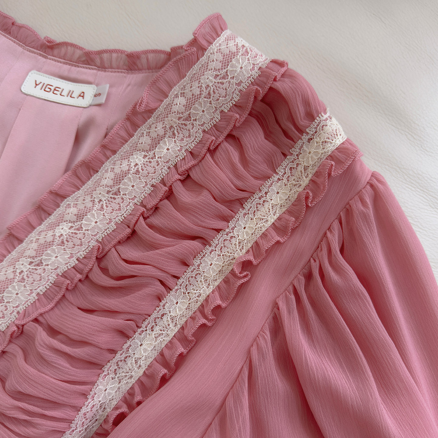 Yigelila 2026 Early Spring New Arrival, Cherry Blossom Rose Pink Long Sleeve Waist-Fitted Elegant Daily Long Dress69630