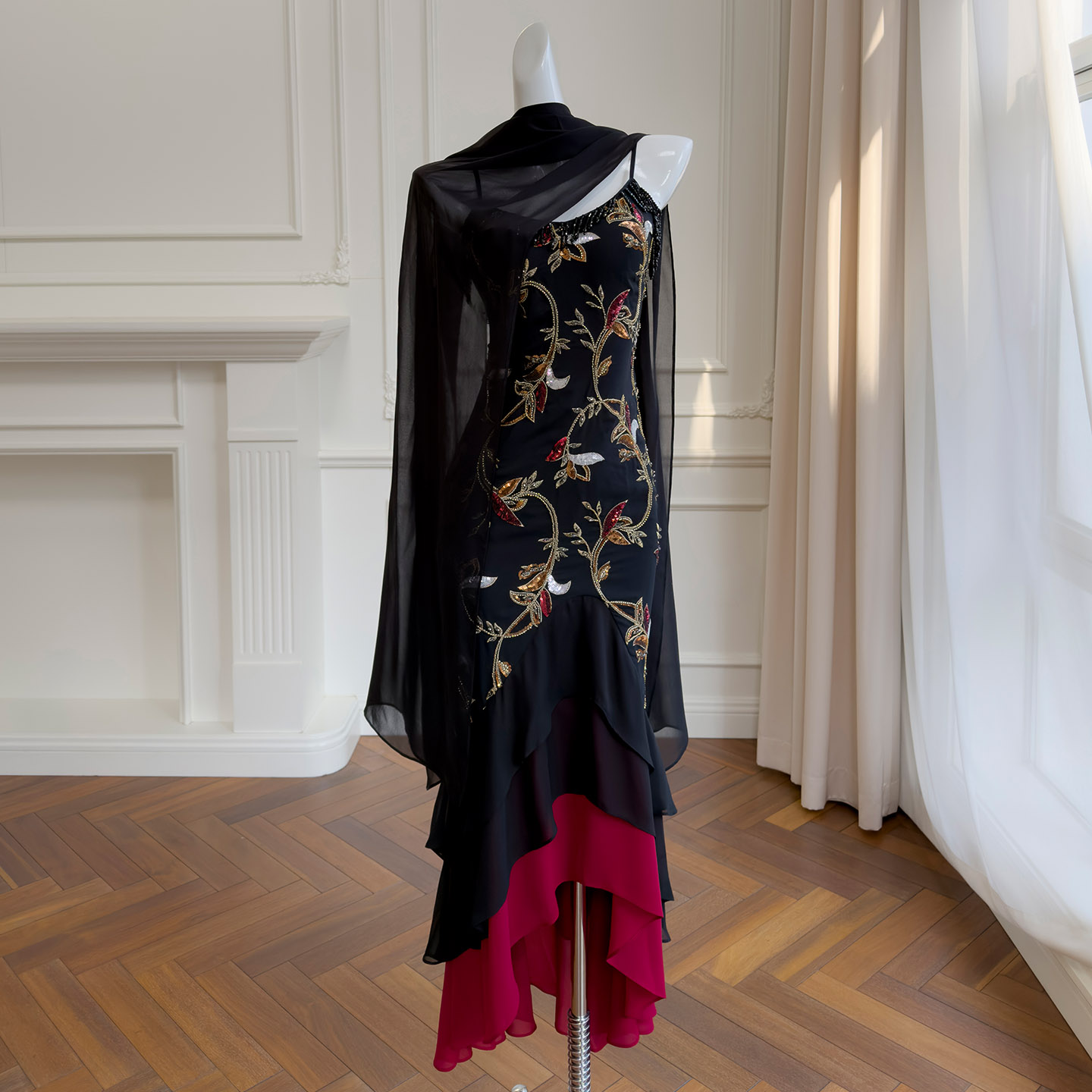 Vintage Sequin Embroidered Spaghetti Strap Dress with Neck Strap, Multi-Layer Irregular Ruffle Hem Fishtail Skirt69632