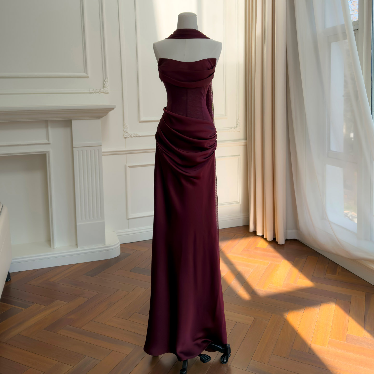 Yigelila Early Spring New Arrival, Wine Red Halter Neck Spaghetti Strap Long Slim Fit Evening Dress69534