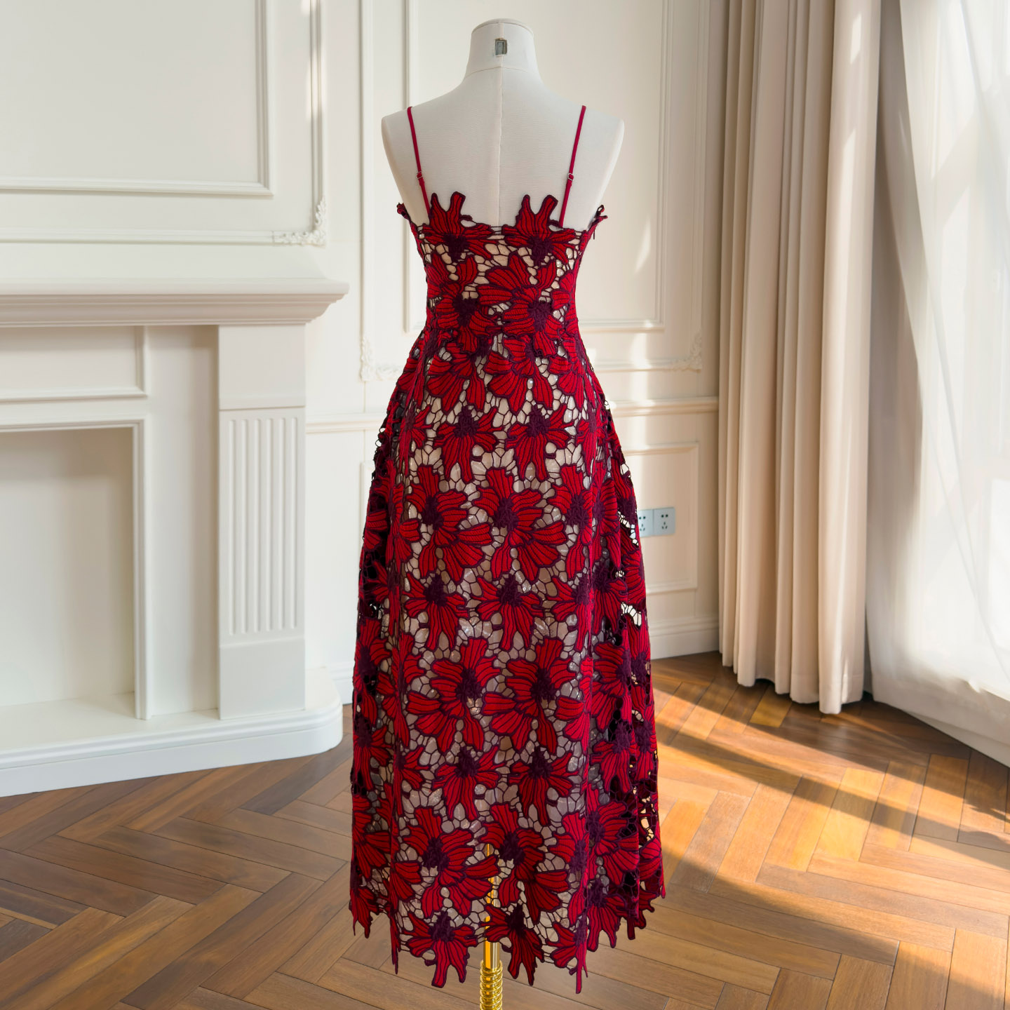 Burgundy 3D Floral Lace Strapless Midi Dress69627