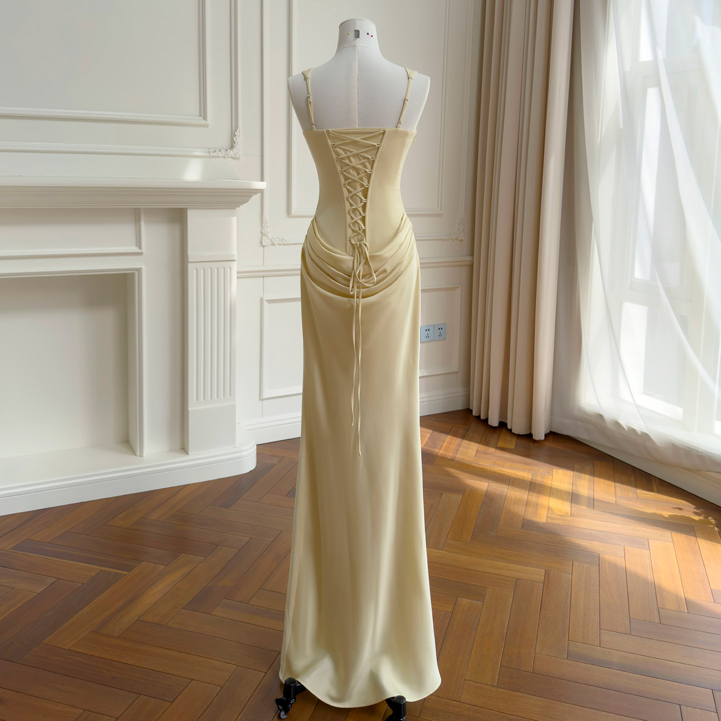 Square Neck Draped Ruched Maxi Dress69725