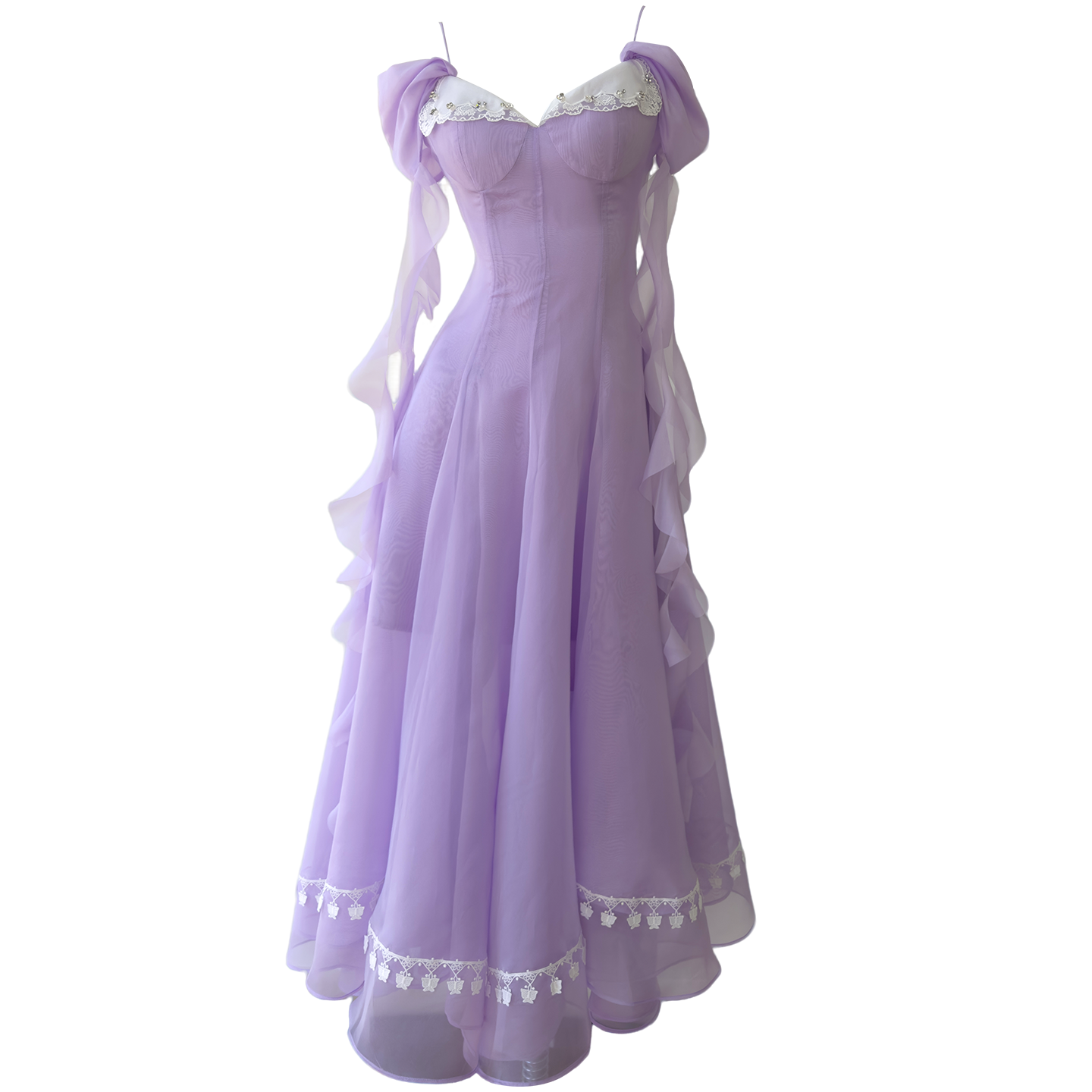 Soft Lavender Off-Shoulder Ruffle Lace Strap Maxi Dress69663