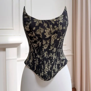 Outer-wear Boned Corset Crop Top: Gold-Embossed Black Jacquard, Strappy Waist-Cinching, Shaping, Sexy Vibe, for Women