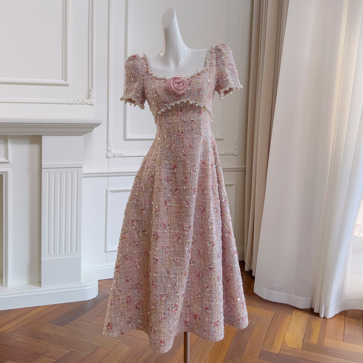 Peach-pink Sleeveless Backless Elegant Long Tweed Dress