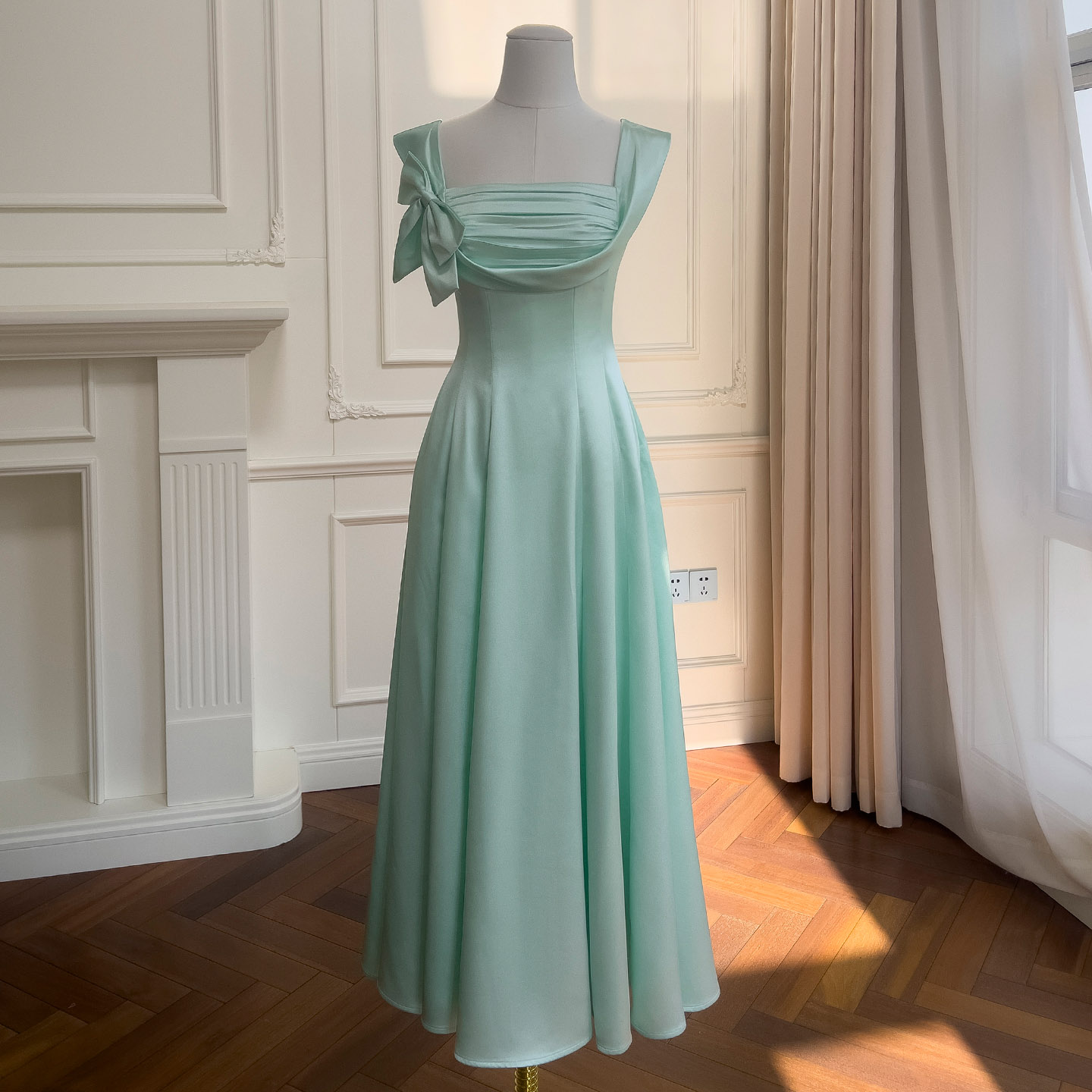 Elegant Mint Green Satin Square Neck Maxi Dress69549