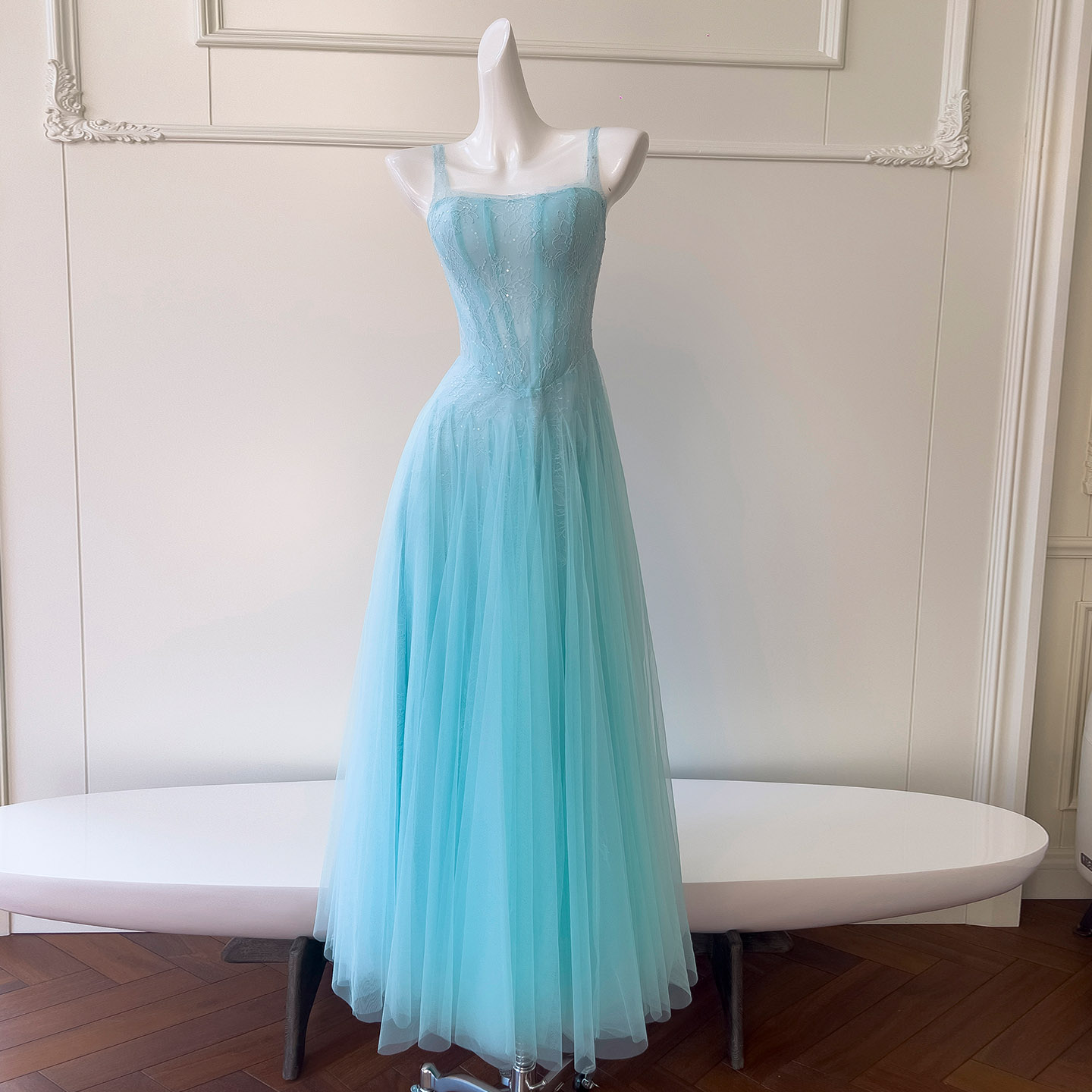 Light Blue Lace Corset Spaghetti Strap Maxi Dress69558