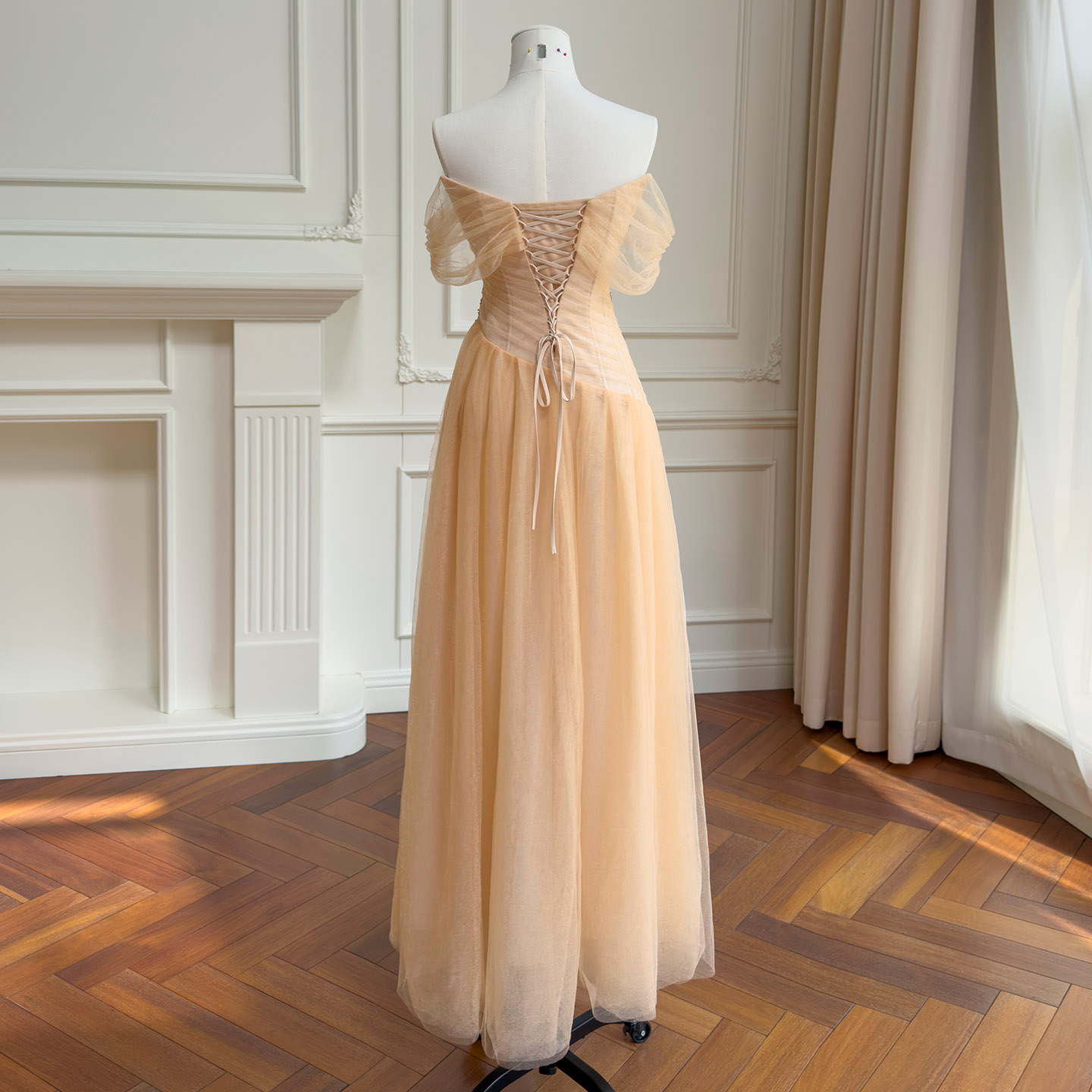 Champagne Off-the-Shoulder Embroidered Tulle Gown69642