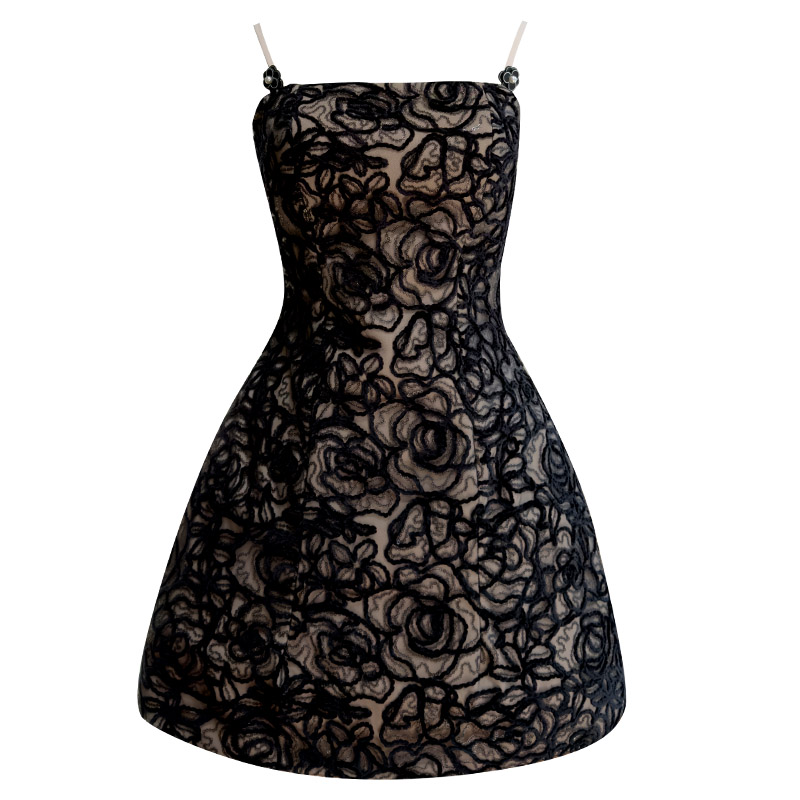 Black Flocked Rose Jacquard Strapless Dress69611