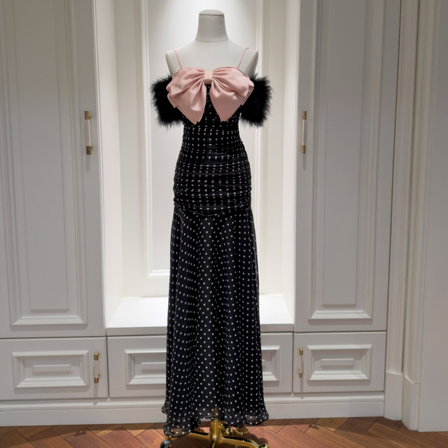 2026 Summer New European & American Style Women's Dress, Elegant Polka Dot Strapless Long Dress with Streamer, Sexy Slim Fit Fashion Dress69585