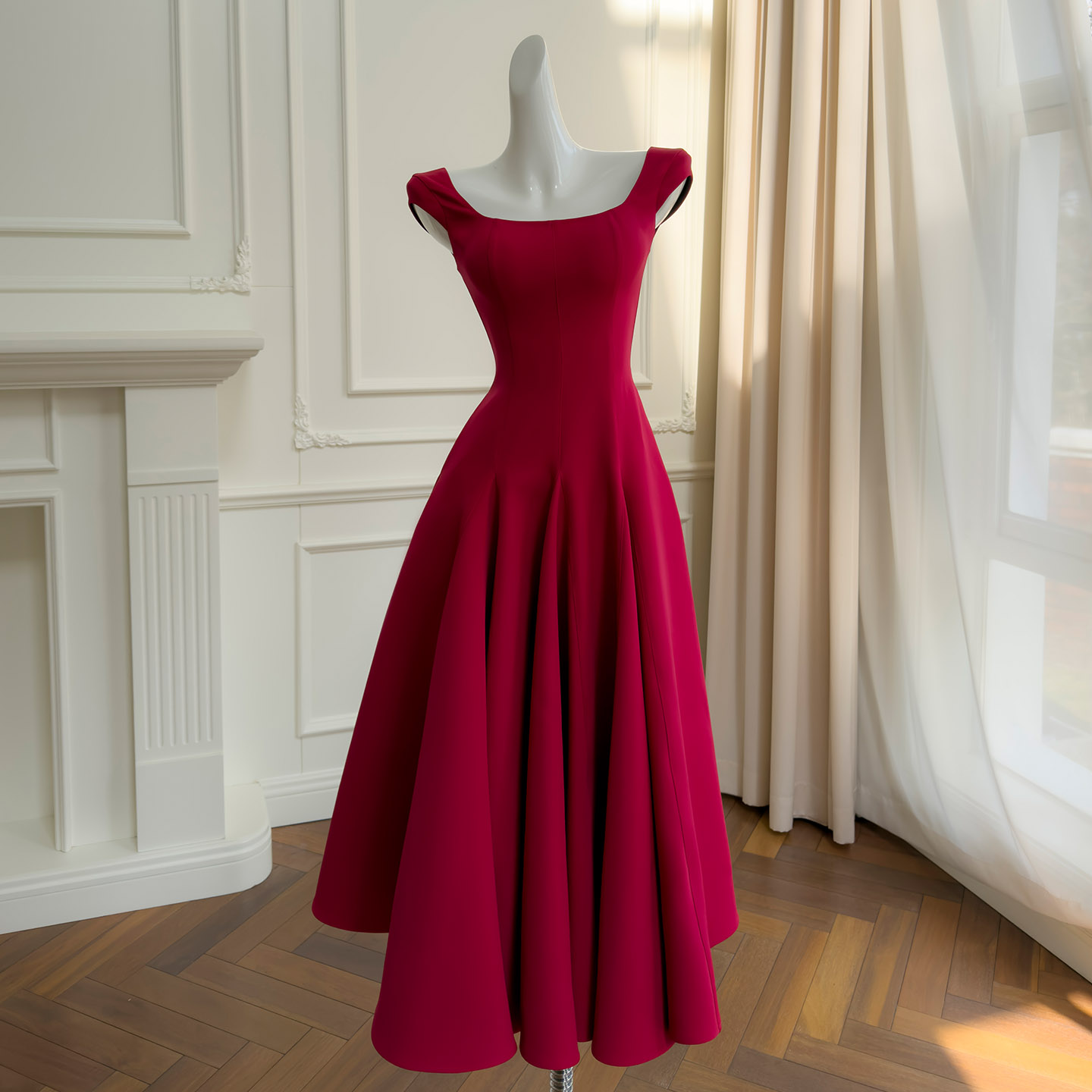 French Hepburn Style Waist-Cinched Slim Fit Square Neck Cap Sleeve Dress, Elegant A-Line Long Dress69635