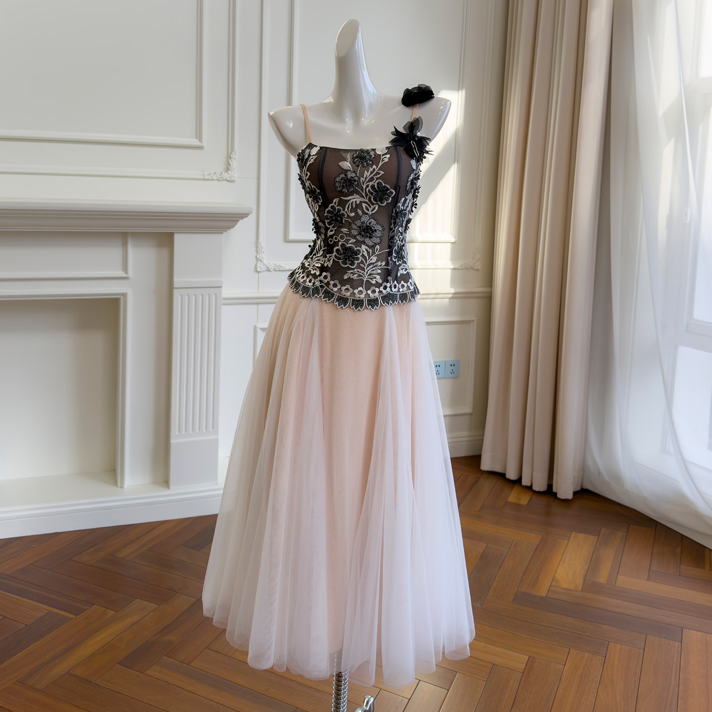 Heavy Embroidered Sheer Tulle Spliced Nude Pink Spaghetti Strap Dress69673