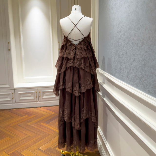 Vintage-Inspired Brown Tiered Lace Ruffle Spaghetti Strap Maxi Dress69680
