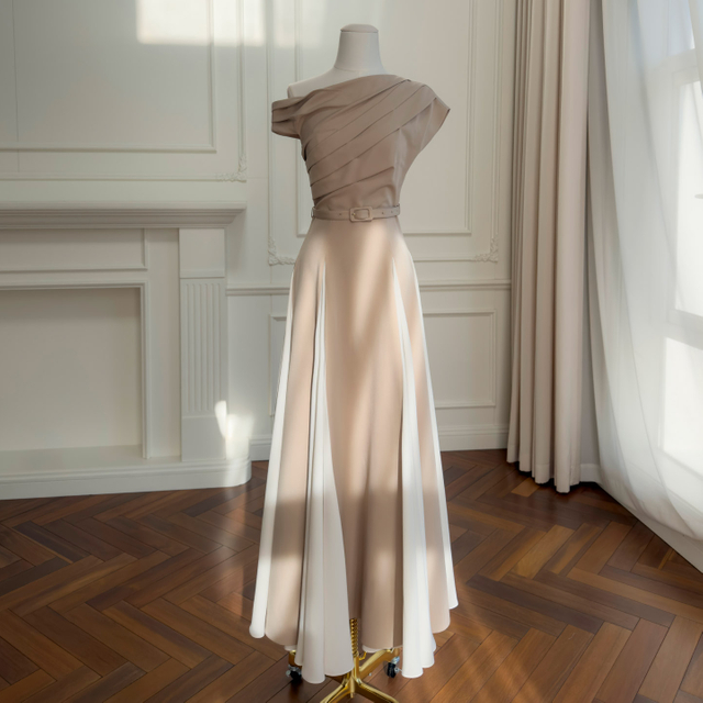 Yigelila 2026 Spring New Arrival, Tea White Patchwork Elegant Long Waist-Fitted Slim Evening Dress69599