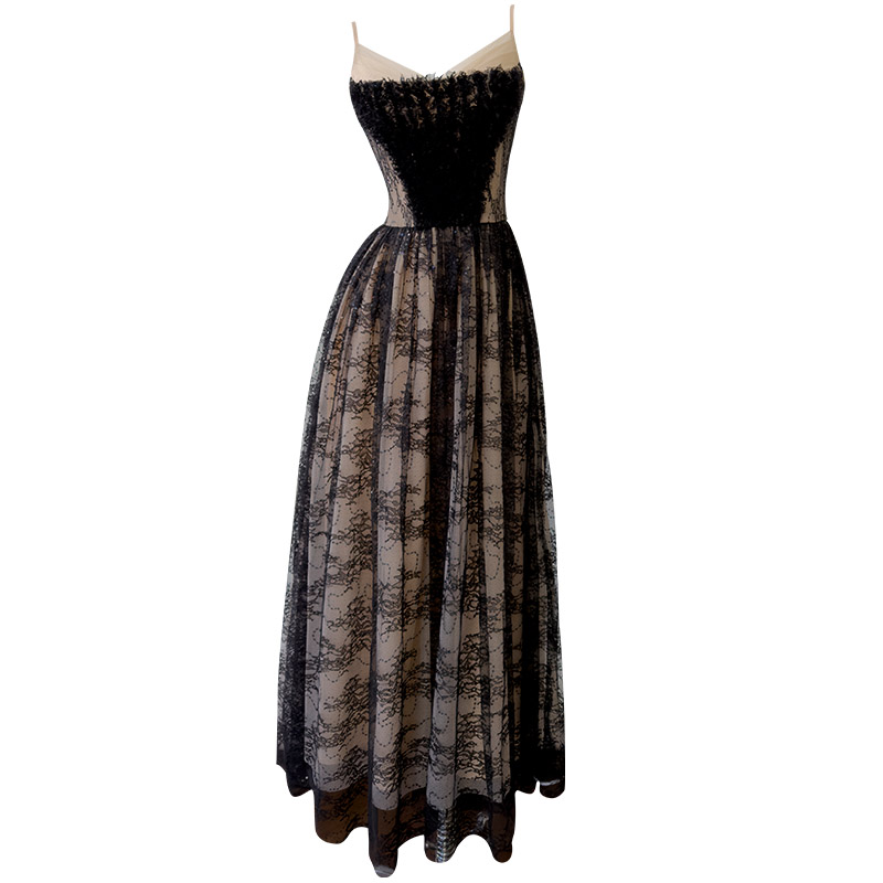 French Elegant Celebrity Style Niche Design Lace Fish Bone Spaghetti Strap Tube Long Dress, Sequin Evening Dress69594