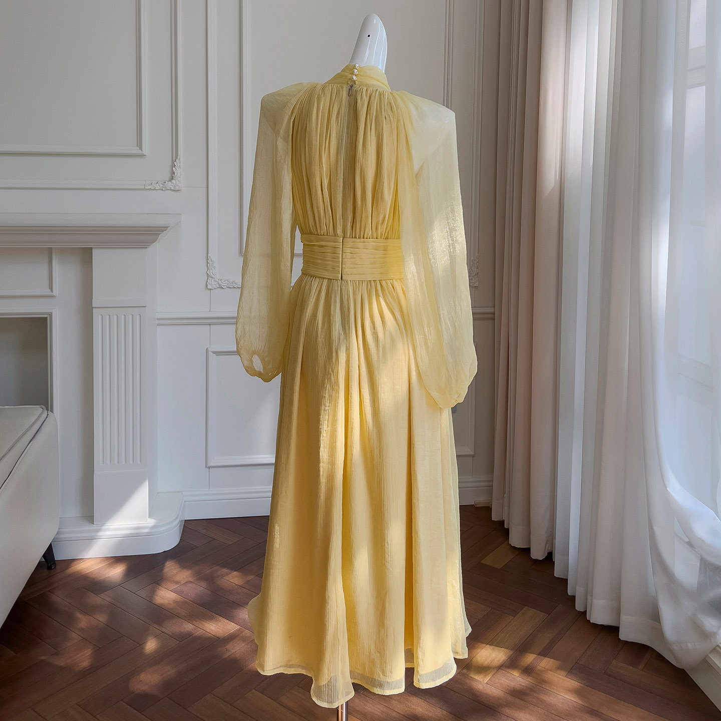 Summer New French Romantic Gentle Style Design Sense Niche Waist-Tight Slimming Yellow Long-Sleeve Dress68134