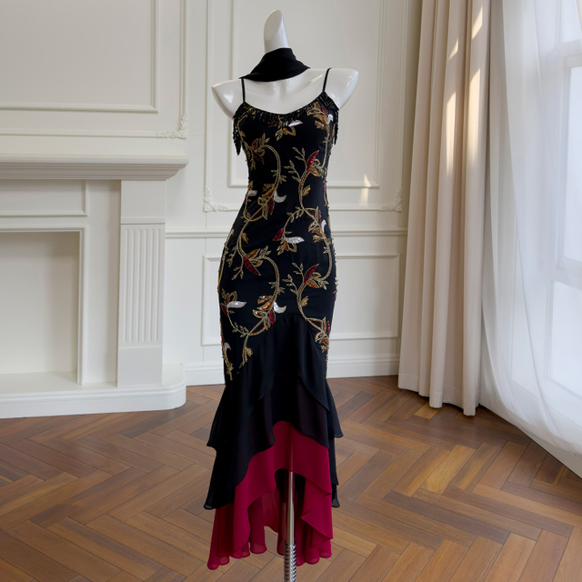 Vintage Sequin Embroidered Spaghetti Strap Dress with Neck Strap, Multi-Layer Irregular Ruffle Hem Fishtail Skirt69632