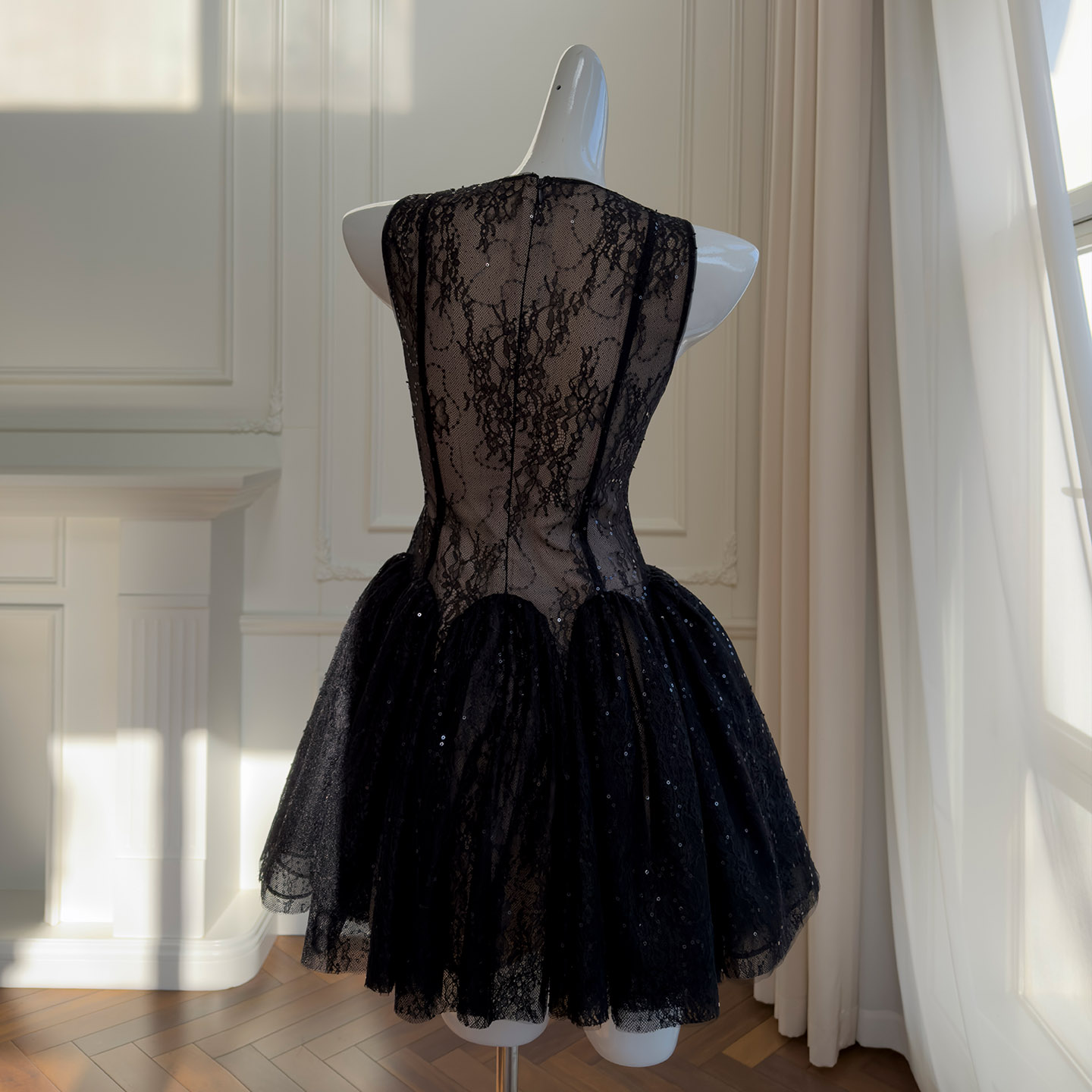 Fashion Women's Black Lace Luxury High Waist Glitter Mini Dress69606