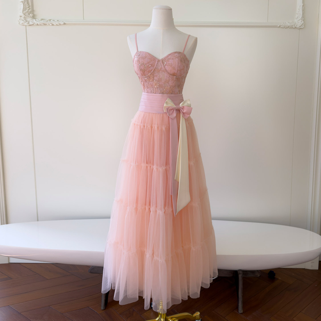 Pink Lace Bustier Tulle Spaghetti Strap Dress66517