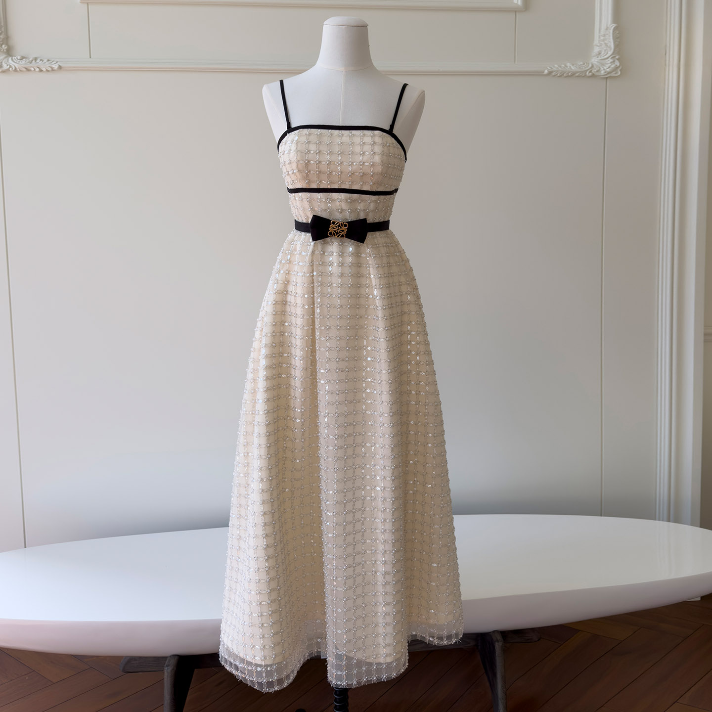 Chanel-Style Cream Grid Sheer Mesh Spaghetti Strap Midi Dress69699
