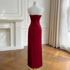 Vintage Burgundy Strapless Ruched Midi Gown69676
