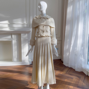 Vintage Princess-Style Tweed 3-Piece Set: Sequined Beaded Coat, Cape & Skirt