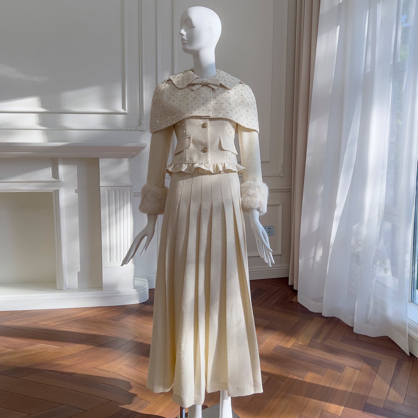 Vintage Princess-Style Tweed 3-Piece Set: Sequined Beaded Coat, Cape & Skirt