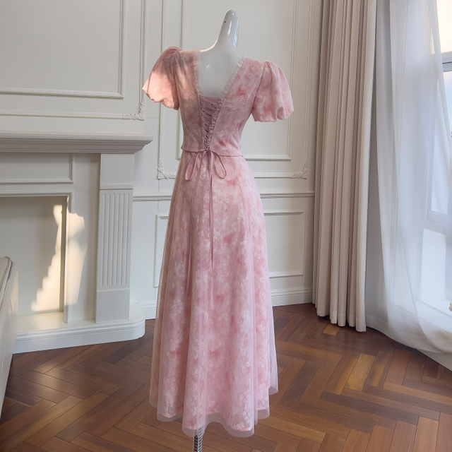 Pink Tie-Dye Lace Puff Sleeve Maxi Dress69557