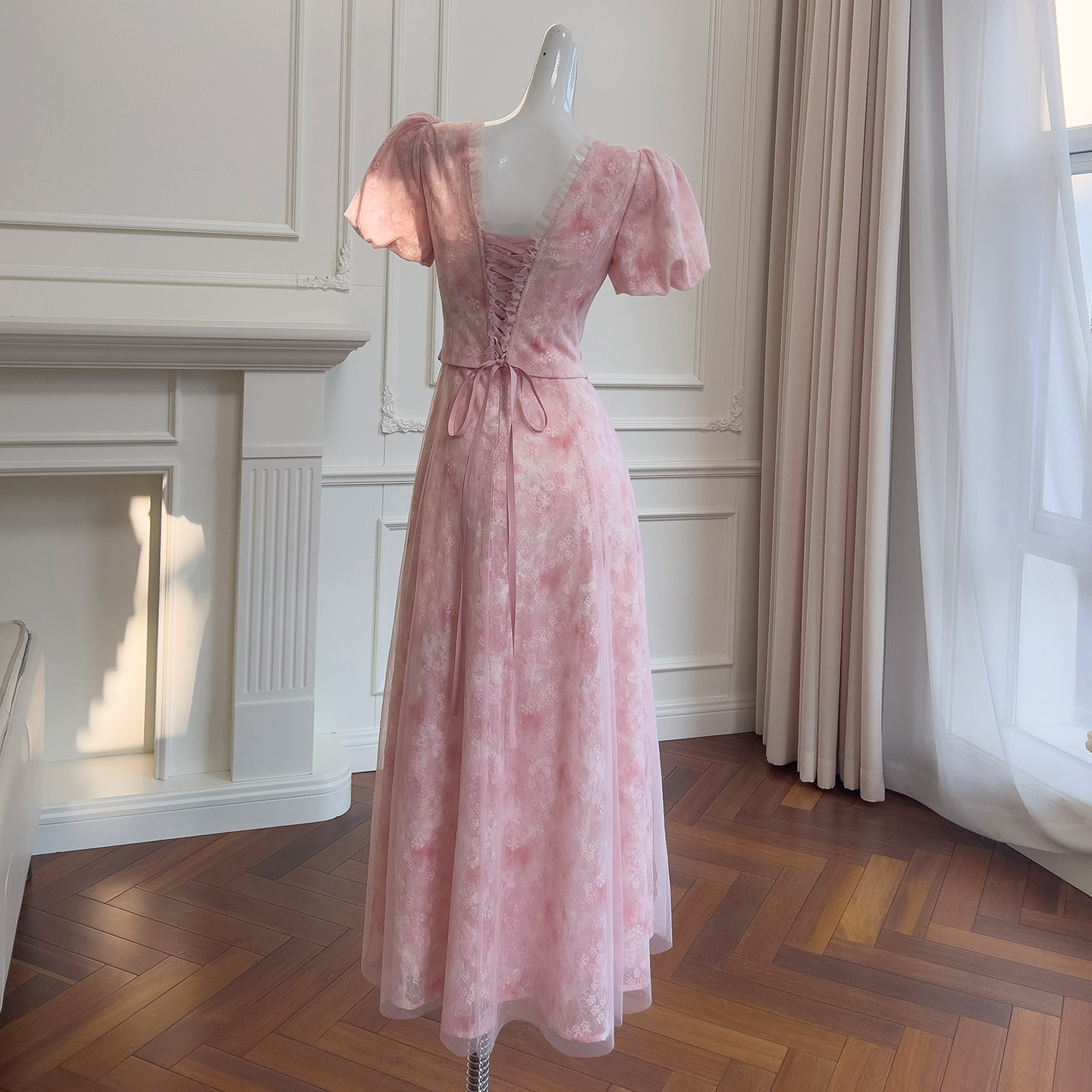 Pink Tie-Dye Lace Puff Sleeve Maxi Dress69557