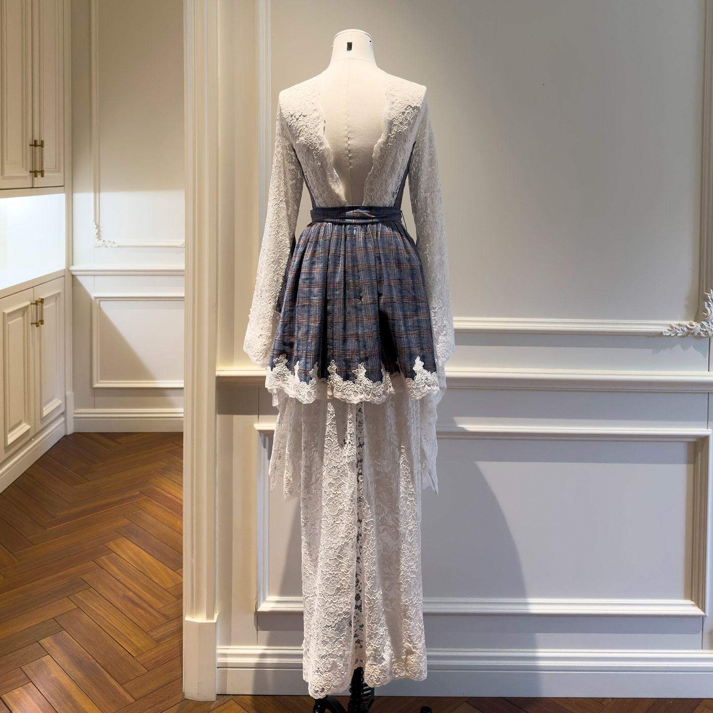 Blue Plaid Patchwork Lace Irregular Maxi Dress69578