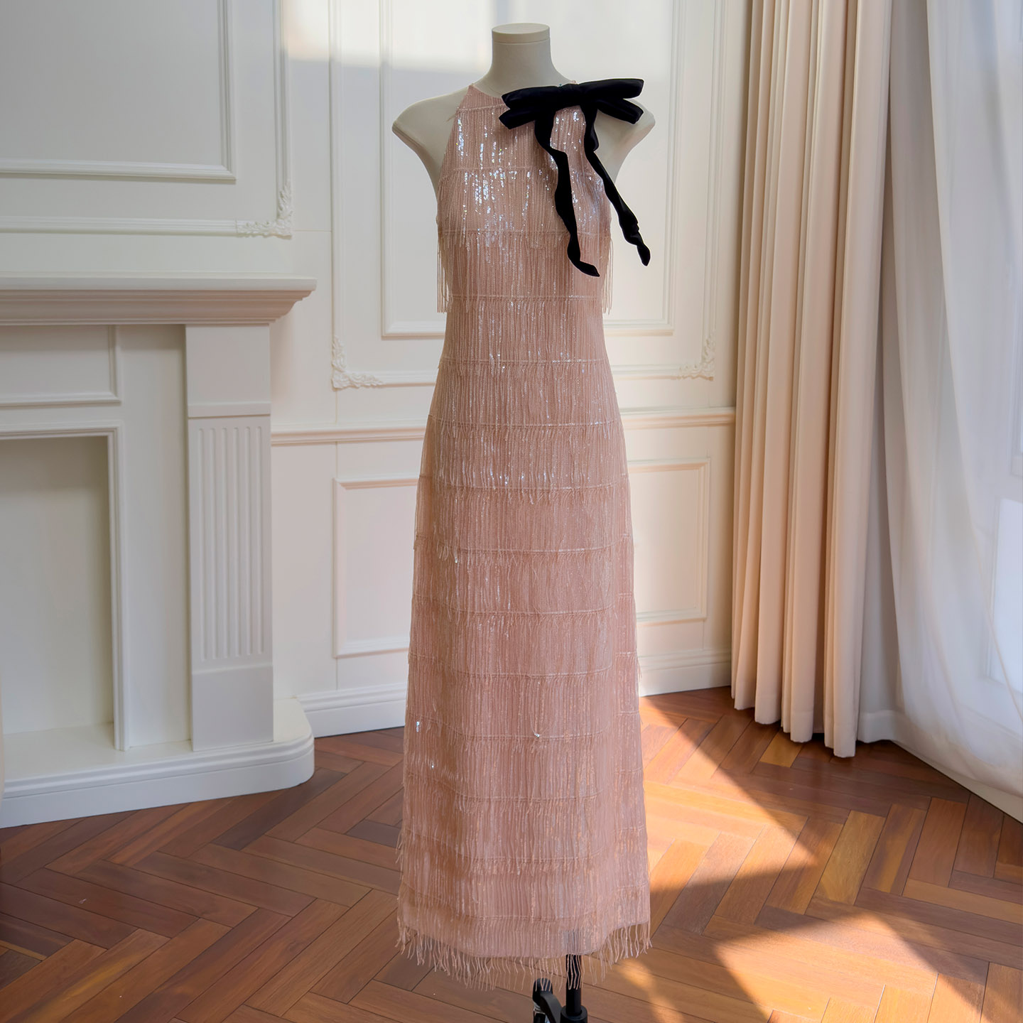 New Elegant Tassel French Style Slim Dress, Waist-Fitted Sleeveless Pink Sweet Long Dress for Women69570