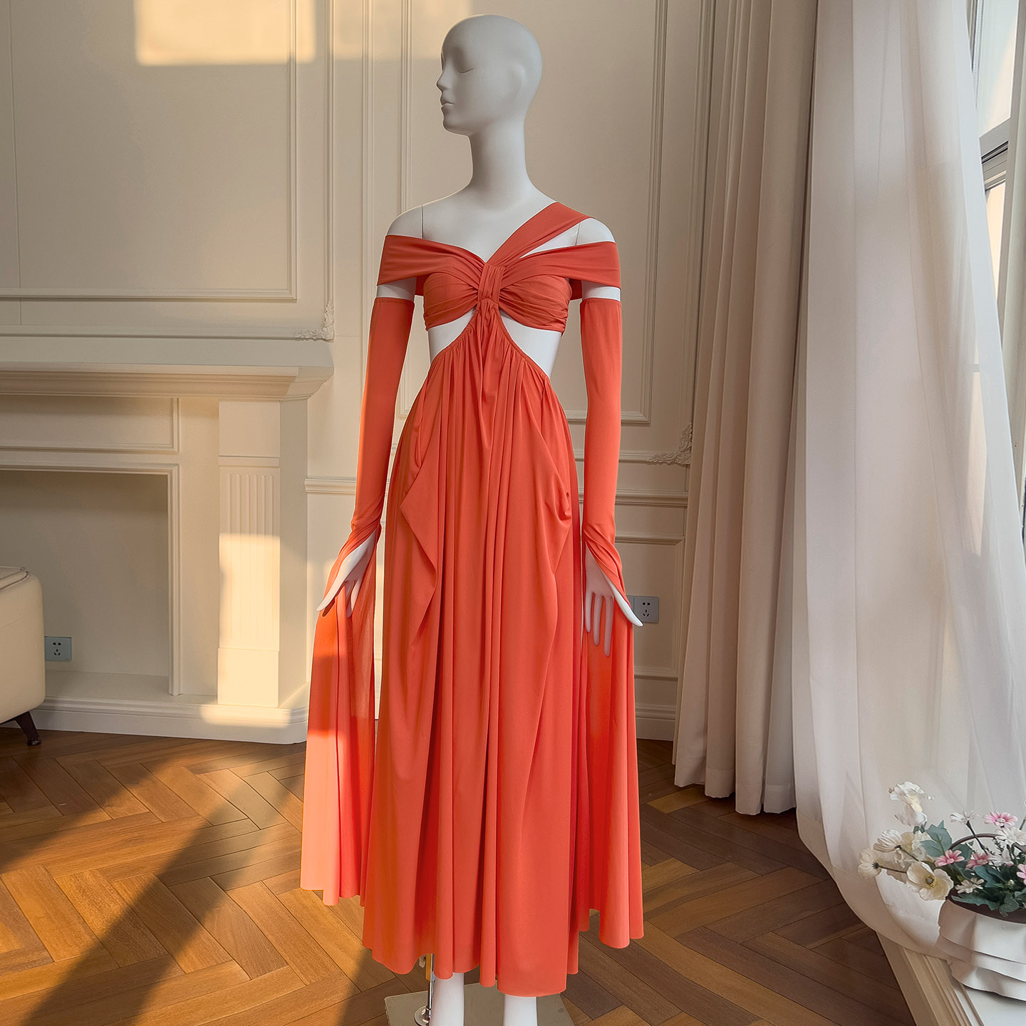 Yigelila New Unique Design Orange One-Shoulder Strapless Pleated Long Dress Elegant Evening Gown69530