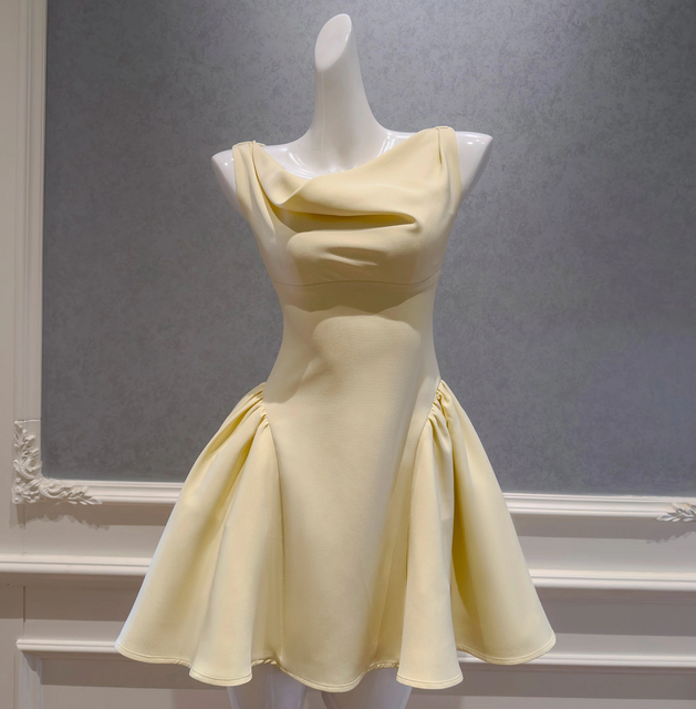 French Style Three-Dimensional Pleated Draped Neck Dress, Elegant Rich Girl Aesthetic, Waist-Fitted Slim Fit A-Line Flared Short Party Dress69597