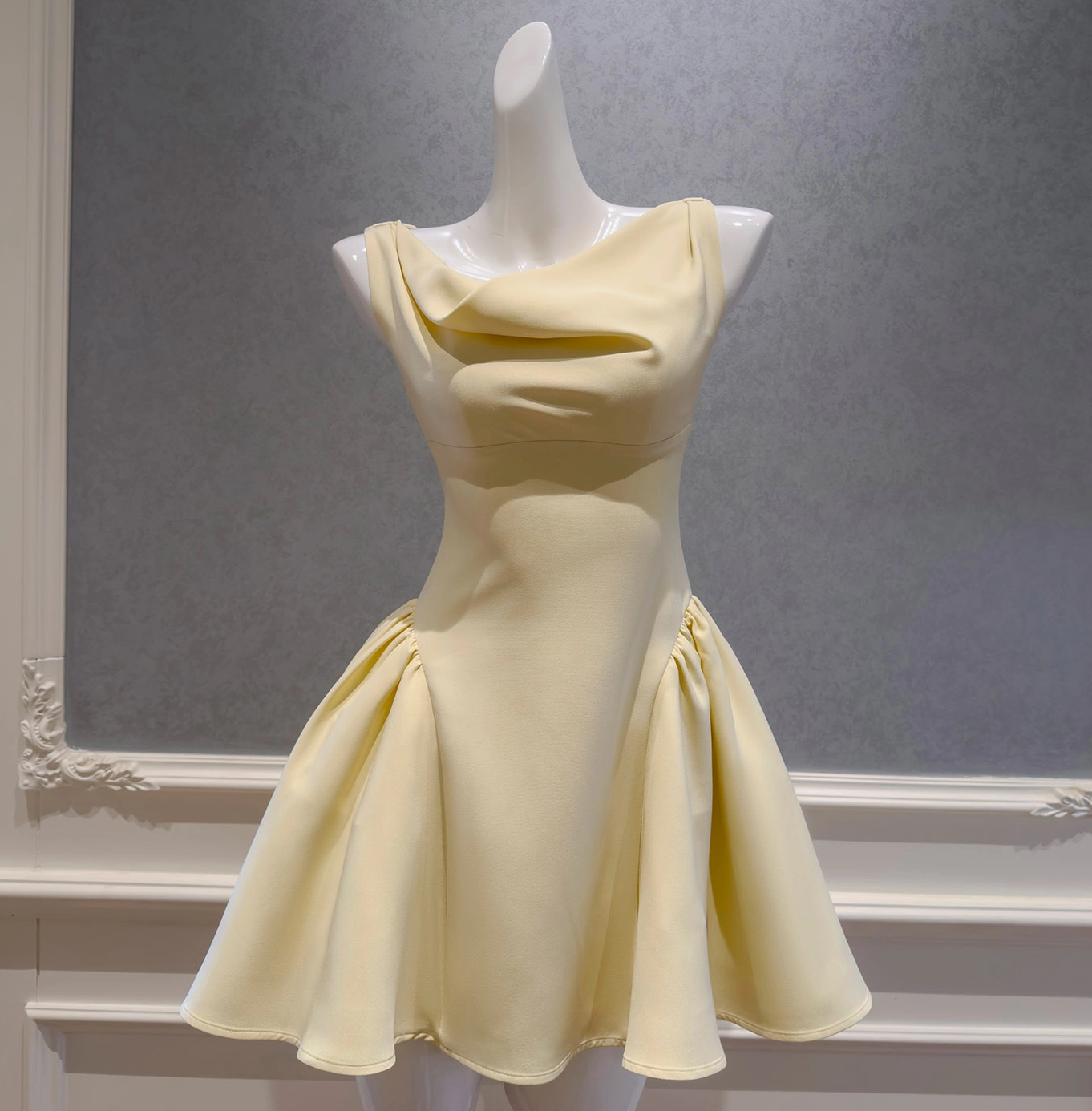 French Style Three-Dimensional Pleated Draped Neck Dress, Elegant Rich Girl Aesthetic, Waist-Fitted Slim Fit A-Line Flared Short Party Dress69597