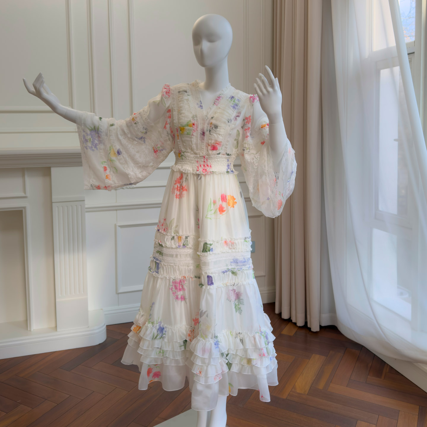 French Vacation Style V-Neck Printed Patchwork Ruffle Pleated A-Line Fairy Maxi Dress68678