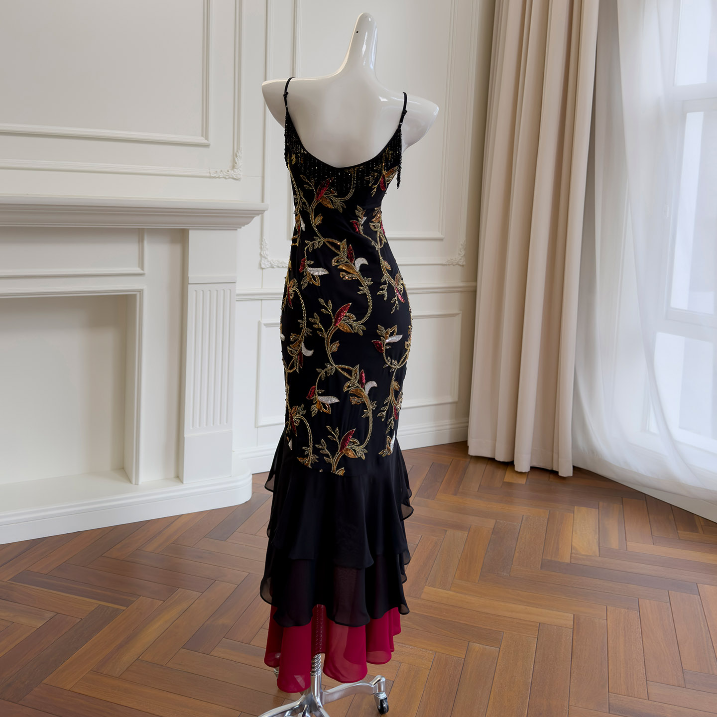 Vintage Sequin Embroidered Spaghetti Strap Dress with Neck Strap, Multi-Layer Irregular Ruffle Hem Fishtail Skirt69632