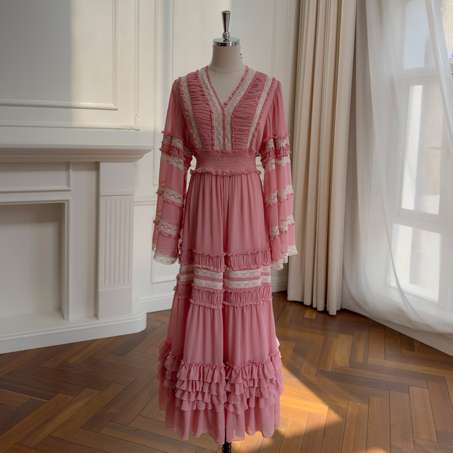 Yigelila 2026 Early Spring New Arrival, Cherry Blossom Rose Pink Long Sleeve Waist-Fitted Elegant Daily Long Dress69630