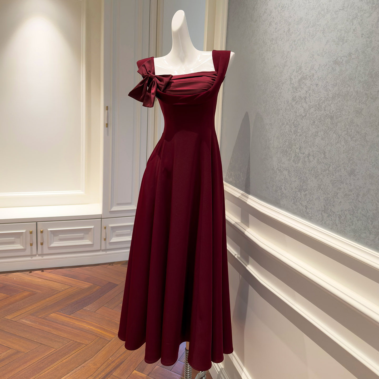 Burgundy Square Neck Spaghetti Strap Evening Dress, French Princess Long Dress for Party, Annual Meeting & Host69609