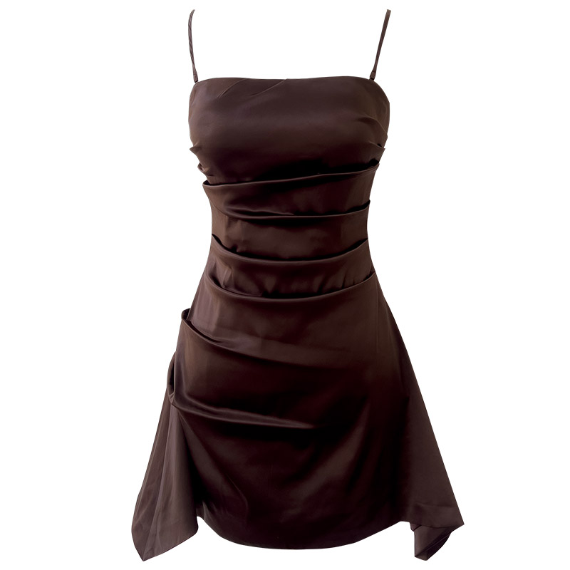 Brown Asymmetric Ruched Mini Dress 69548