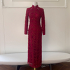 Burgundy Lace Sequin Qipao Dress 67003
