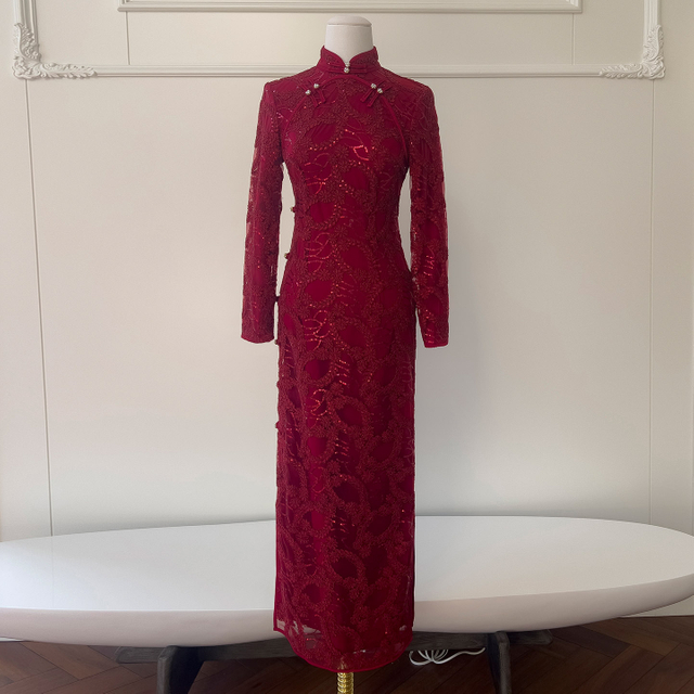 Burgundy Lace Sequin Qipao Dress 67003