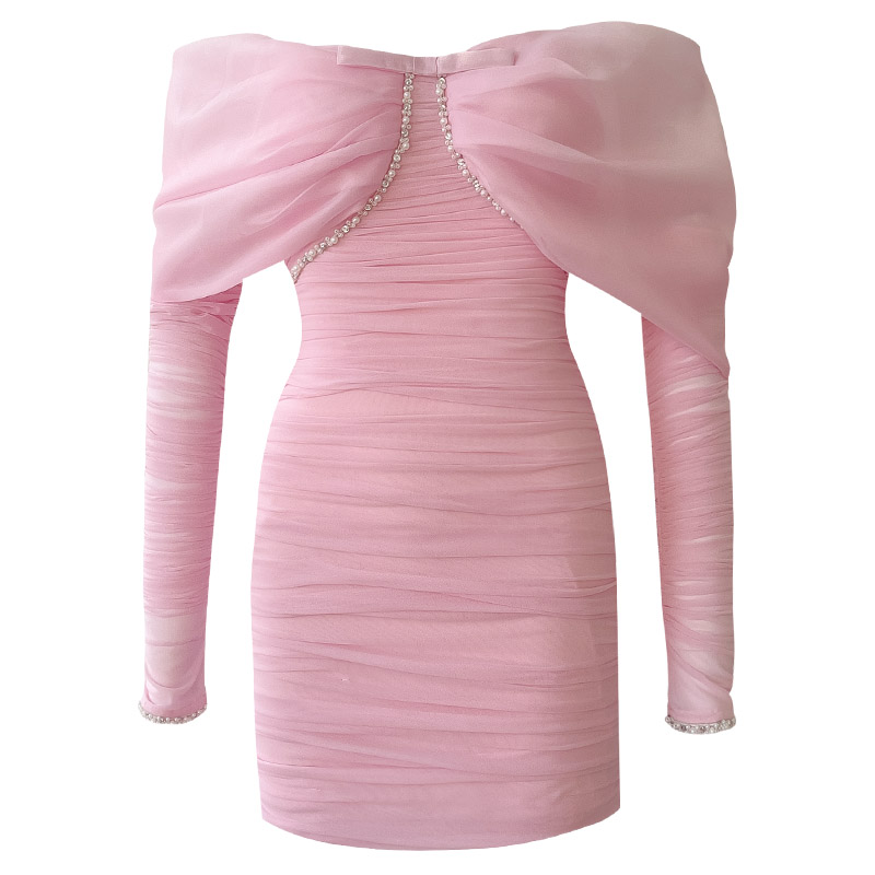 Pink Off Shoulder Ruched Party Dress 69542