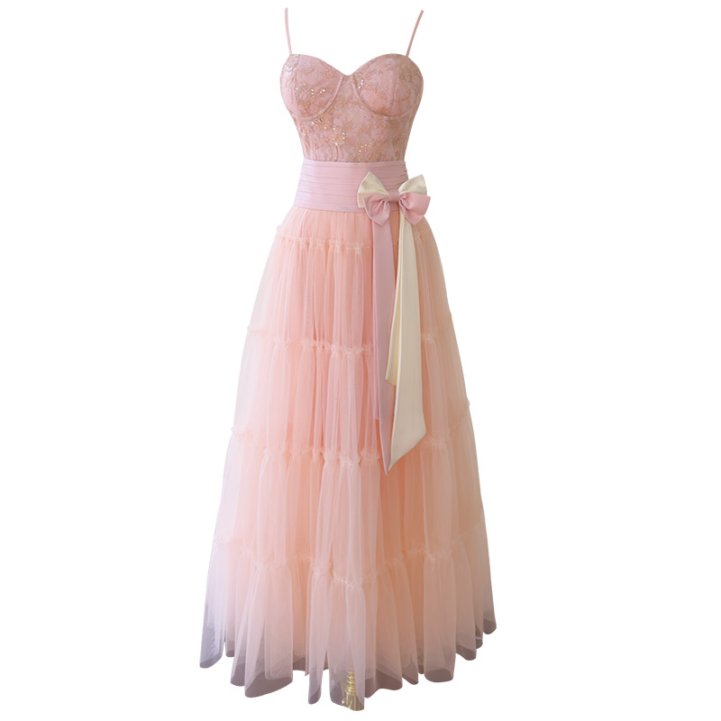 Pink Lace Bustier Tulle Spaghetti Strap Dress66517