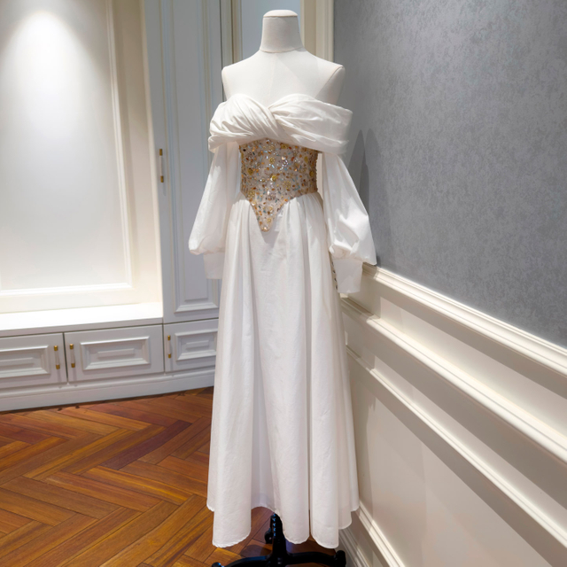 Elegant White Off-the-Shoulder Puff Sleeve Gown69613