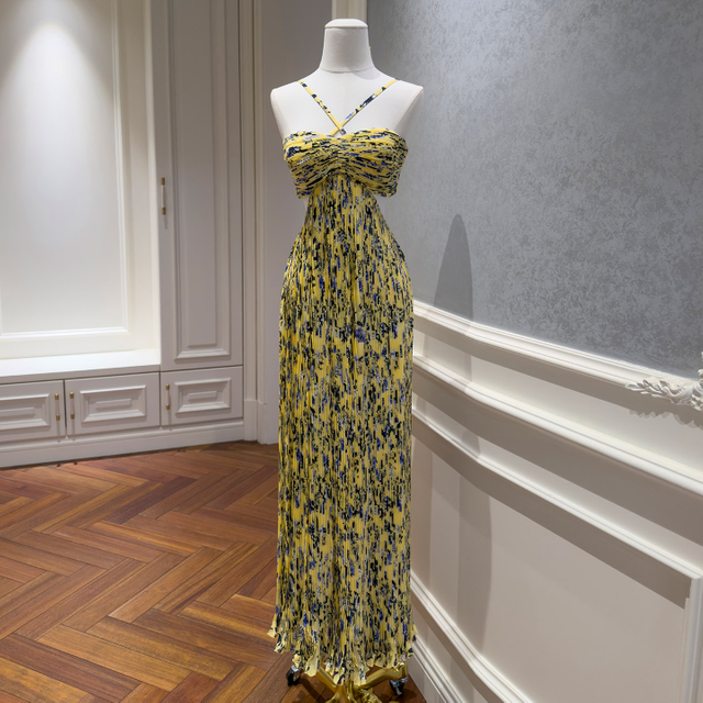 Yellow-Toned Floral Halter Cut-Out Chiffon Maxi Dress69638