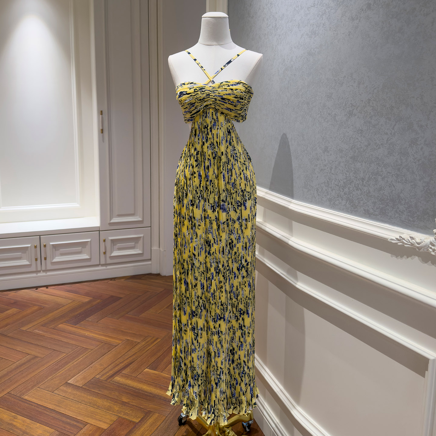 Yellow-Toned Floral Halter Cut-Out Chiffon Maxi Dress69638