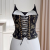 Outer-wear Boned Corset Crop Top: Gold-Embossed Black Jacquard, Strappy Waist-Cinching, Shaping, Sexy Vibe, for Women