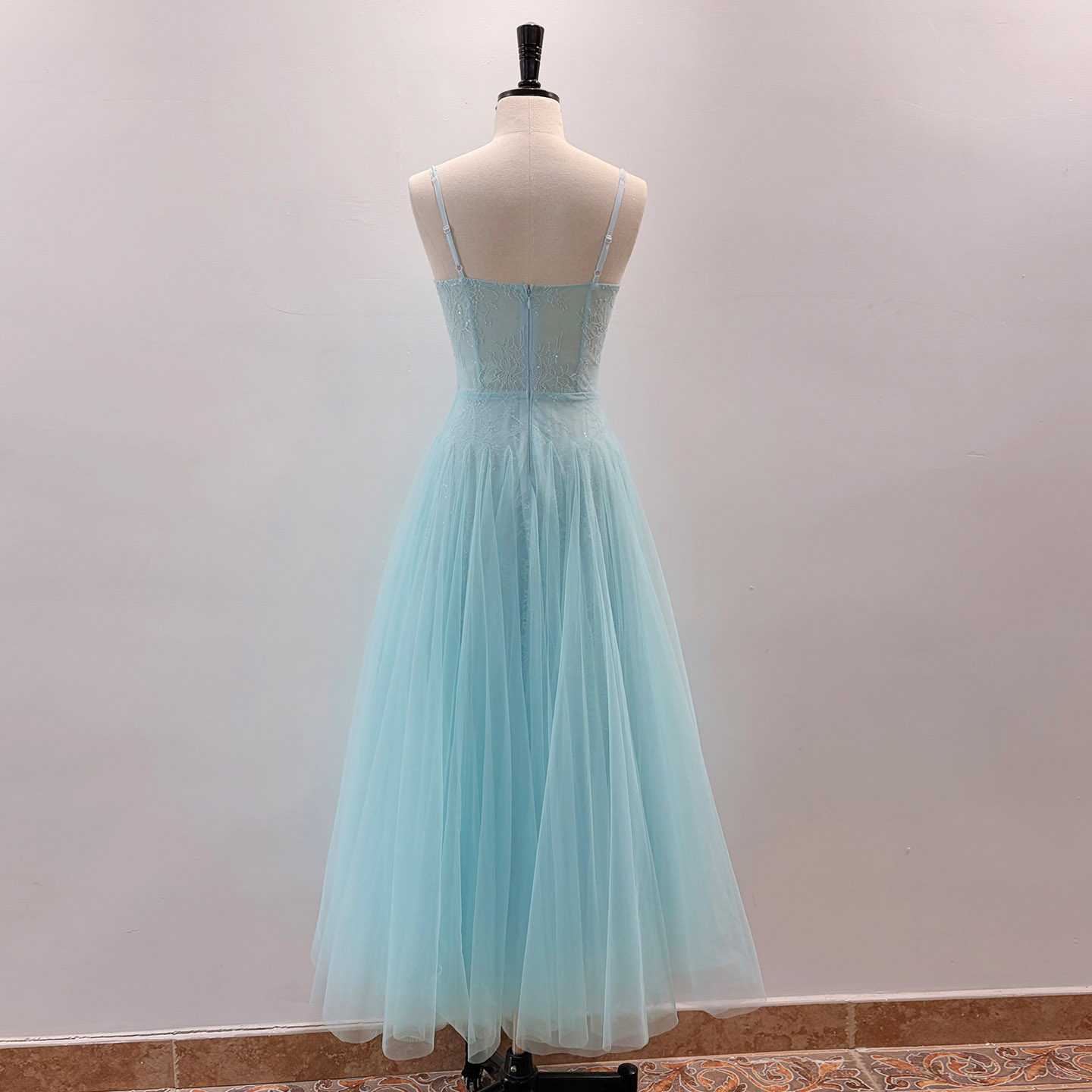 Light Blue Lace Corset Spaghetti Strap Maxi Dress69558